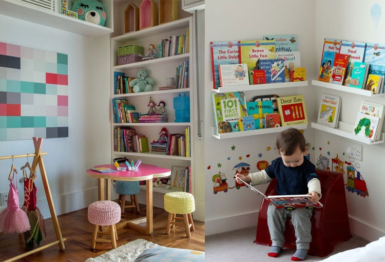 prateleiras de livros organizar a bagunça no quarto das crianças bebê e tal